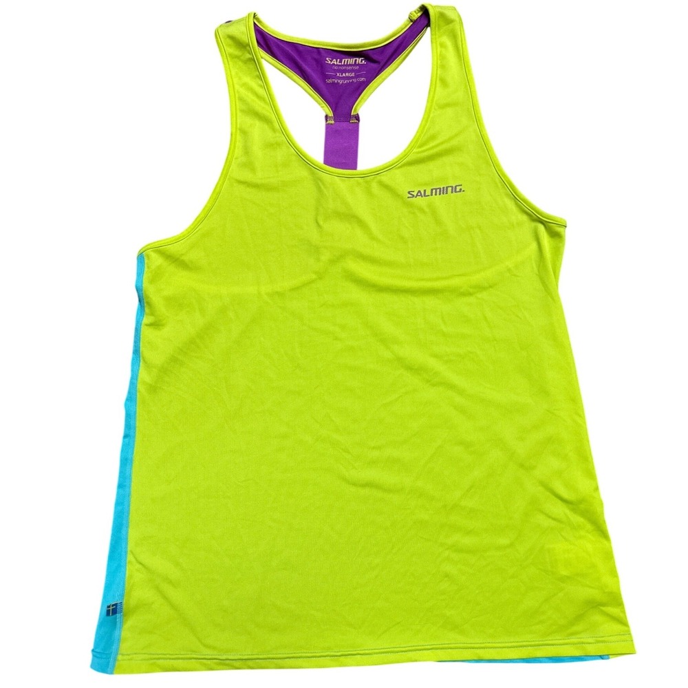 Salming Running Tank ‎ Womens XL Neon Yellow Teal Colorblock Racerback Athletic
